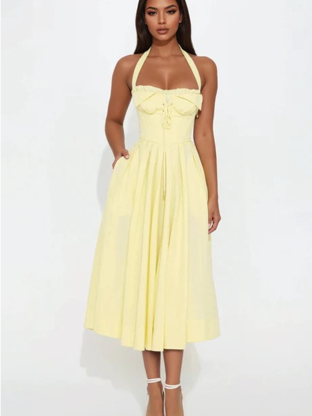 Halter Midi Sun Dress in Pale Yellow with corset back